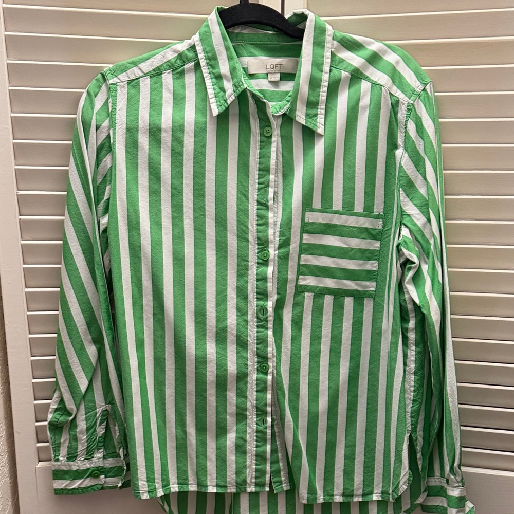LOFT Green and White Striped Casual Shirt